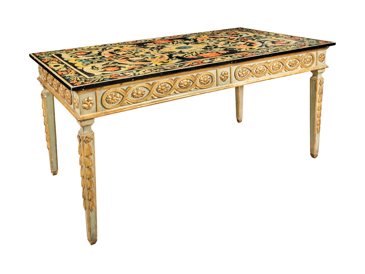 Grande table à écrire en bois sculpté et peint. Italie, XIXe-XXe siècles.-photo-2