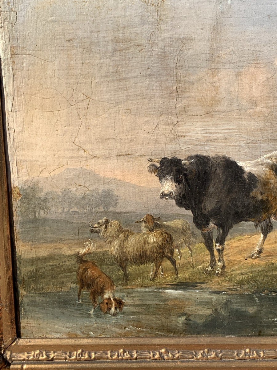 Peintre italien (fin XVIIIe-début XIXe siècle) - Paysage avec vaches, chèvres et chien.-photo-1