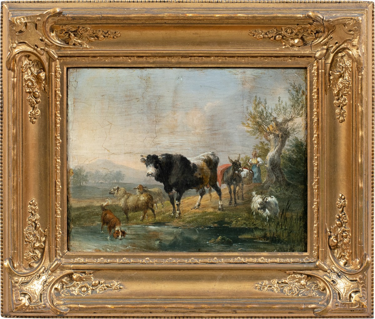 Peintre italien (fin XVIIIe-début XIXe siècle) - Paysage avec vaches, chèvres et chien.