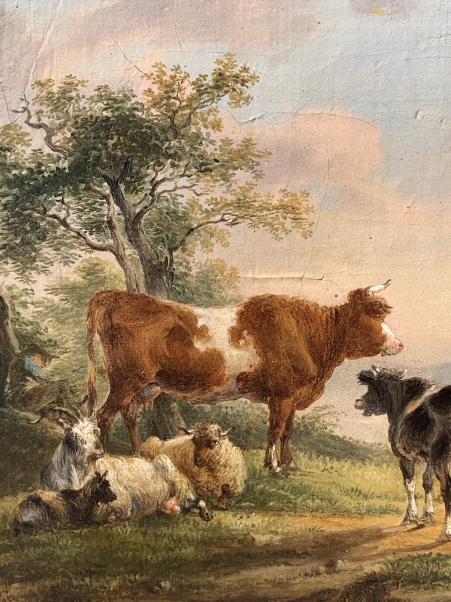 Italian Painter (late 18th-early 19th Century) - Landscape With Cows, Goats, And A Boat.-photo-1