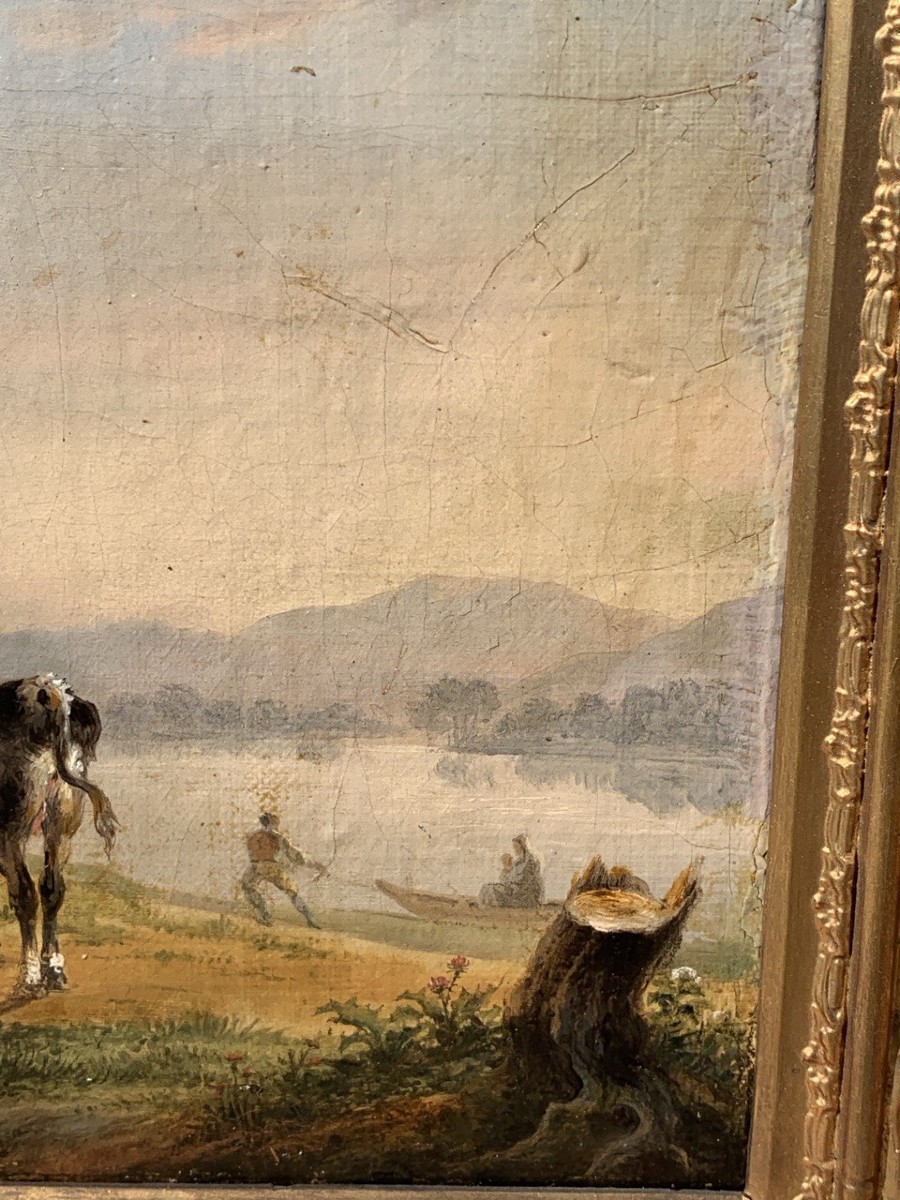 Italian Painter (late 18th-early 19th Century) - Landscape With Cows, Goats, And A Boat.-photo-2