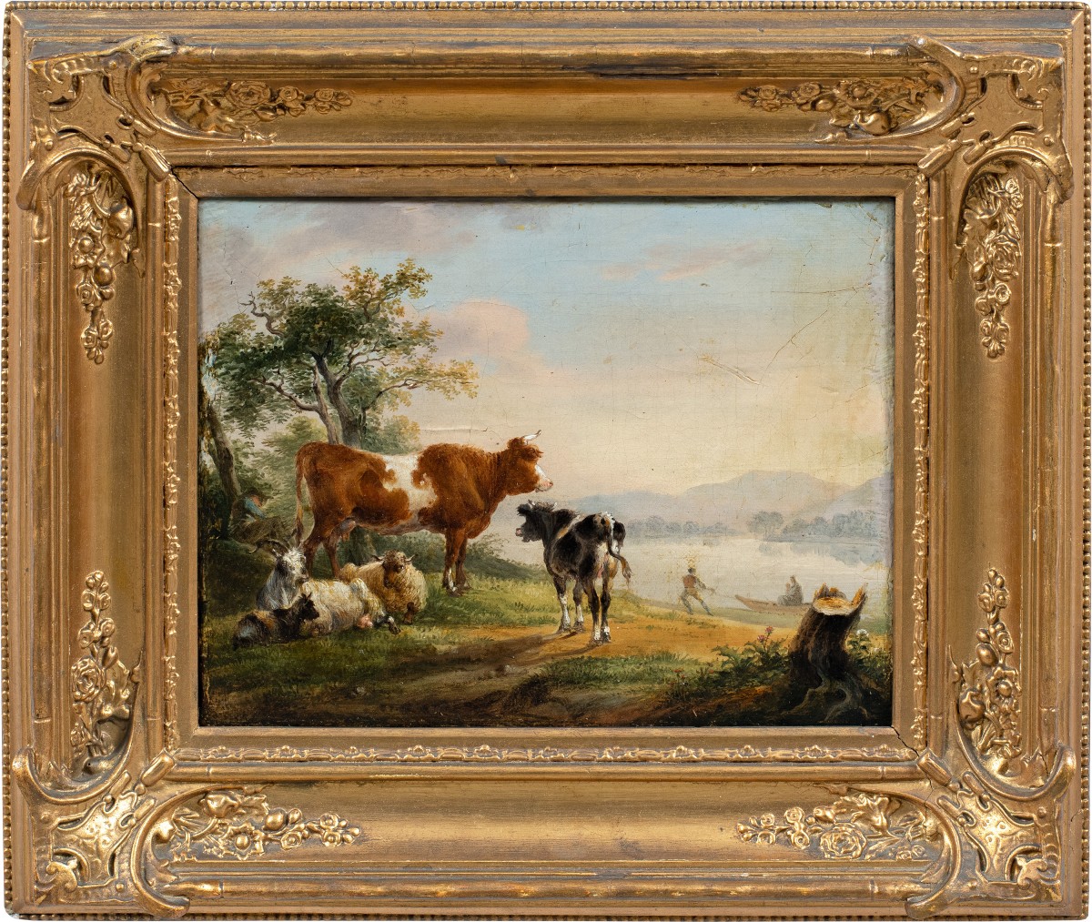 Italian Painter (late 18th-early 19th Century) - Landscape With Cows, Goats, And A Boat.