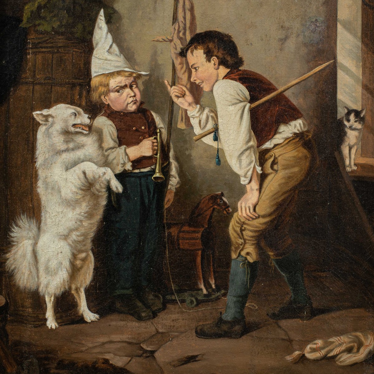 German Realist Painter (19th Century) - Two Children Playing With A Trained Dog.-photo-2