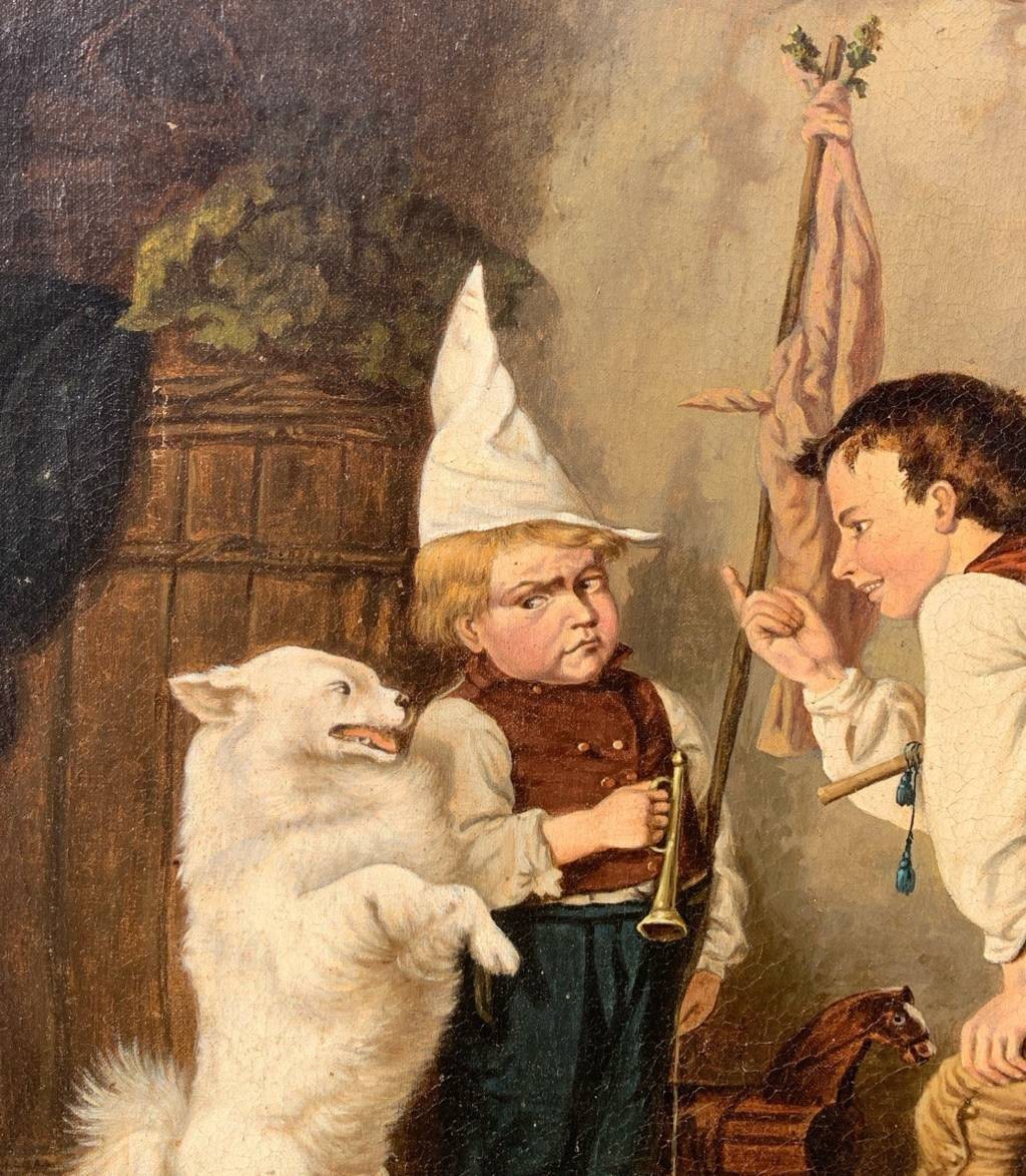 German Realist Painter (19th Century) - Two Children Playing With A Trained Dog.-photo-1