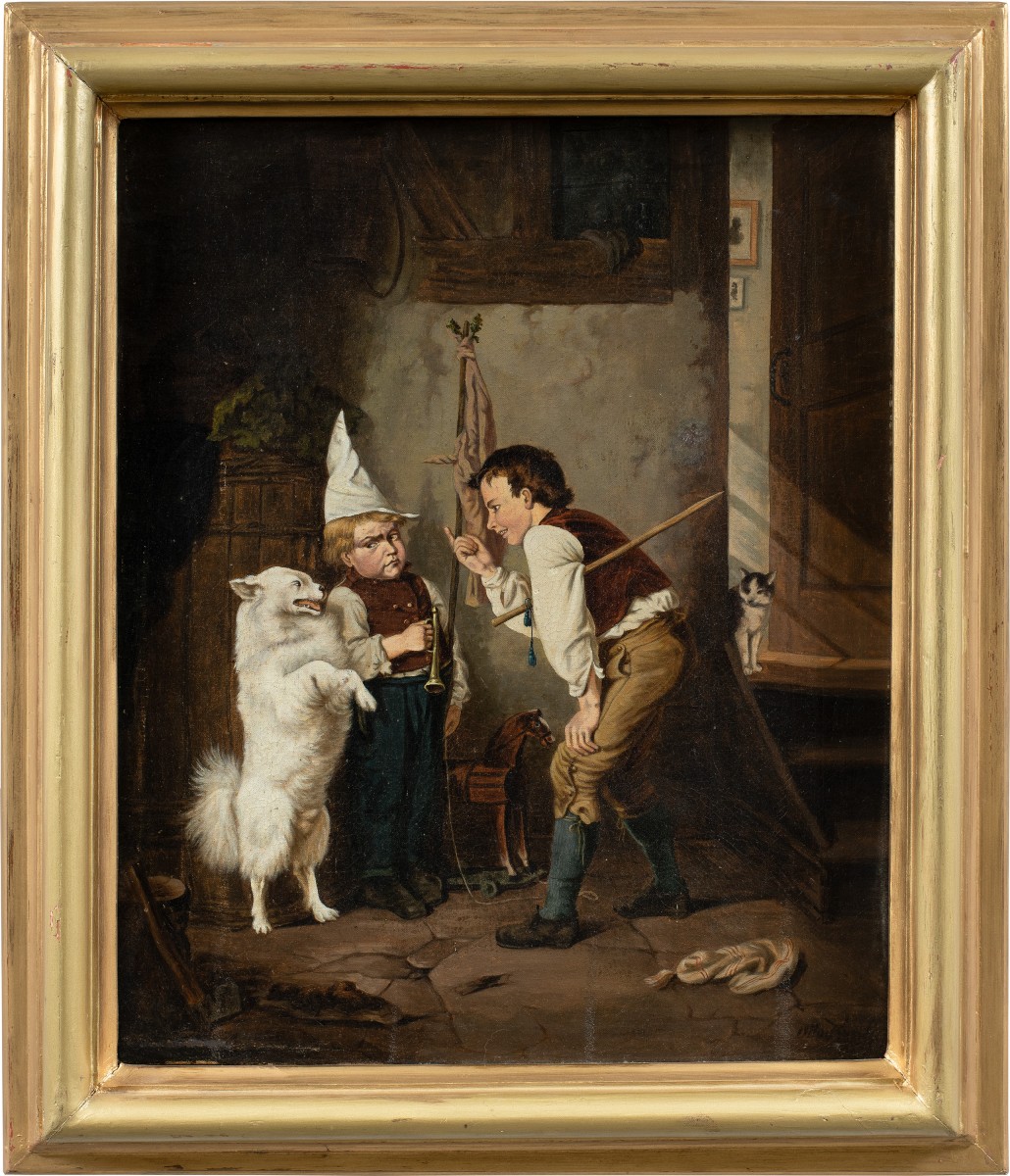German Realist Painter (19th Century) - Two Children Playing With A Trained Dog.