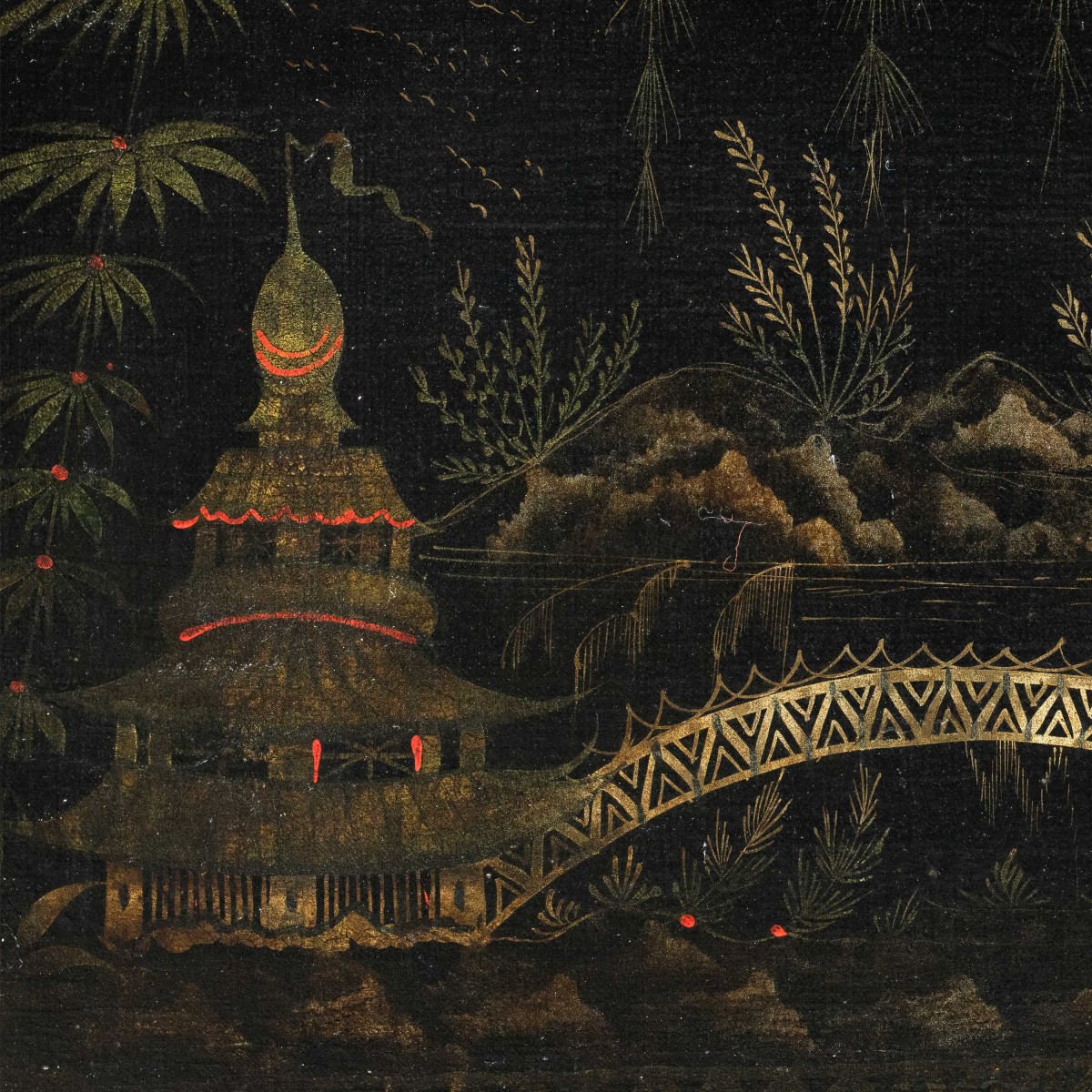 Peintre chinois (XVIIIe siècle) - Scène orientale avec pagode et pont.-photo-2
