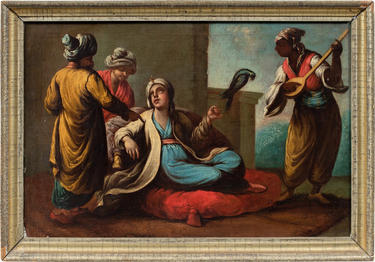 Peintre vénitien (XVIIIe siècle) - Nobles turcs avec un perroquet et un musicien.