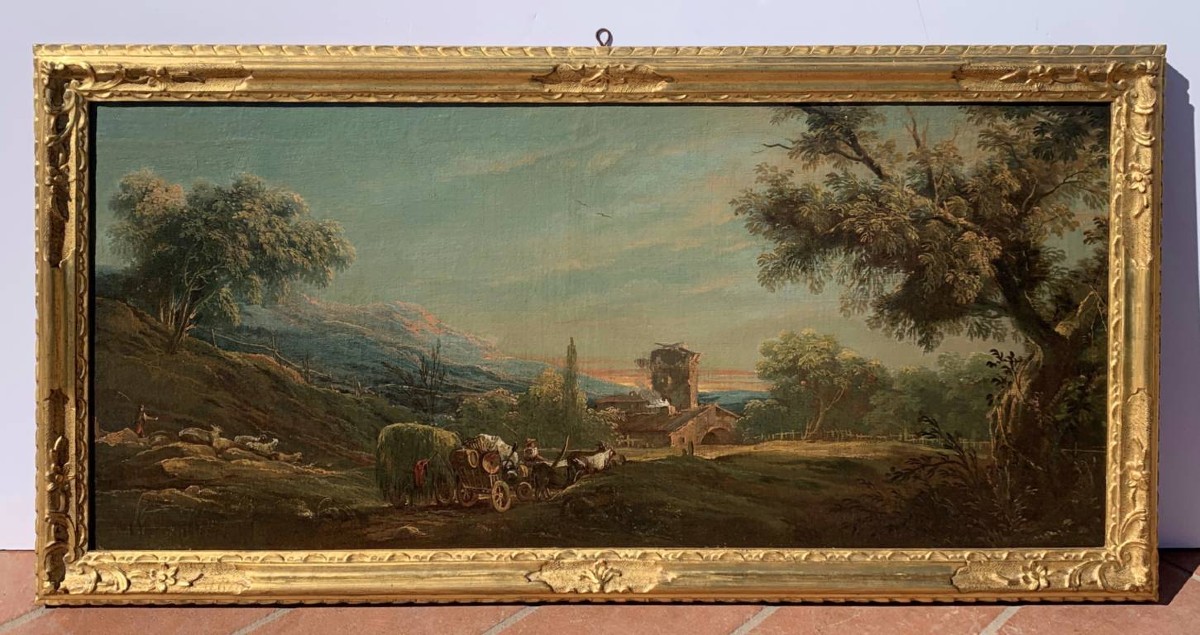 Antonio Diziani (Venise 1737 - Venise 1797) - Paysage bucolique avec personnages et charrette.-photo-1