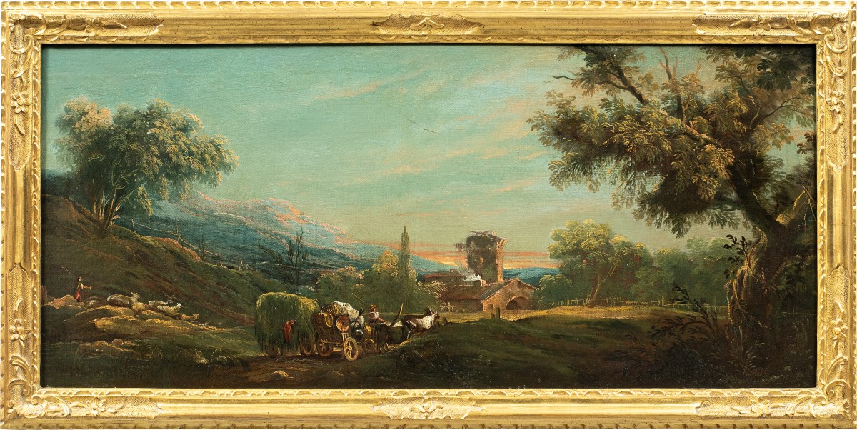 Antonio Diziani (Venise 1737 - Venise 1797) - Paysage bucolique avec personnages et charrette.