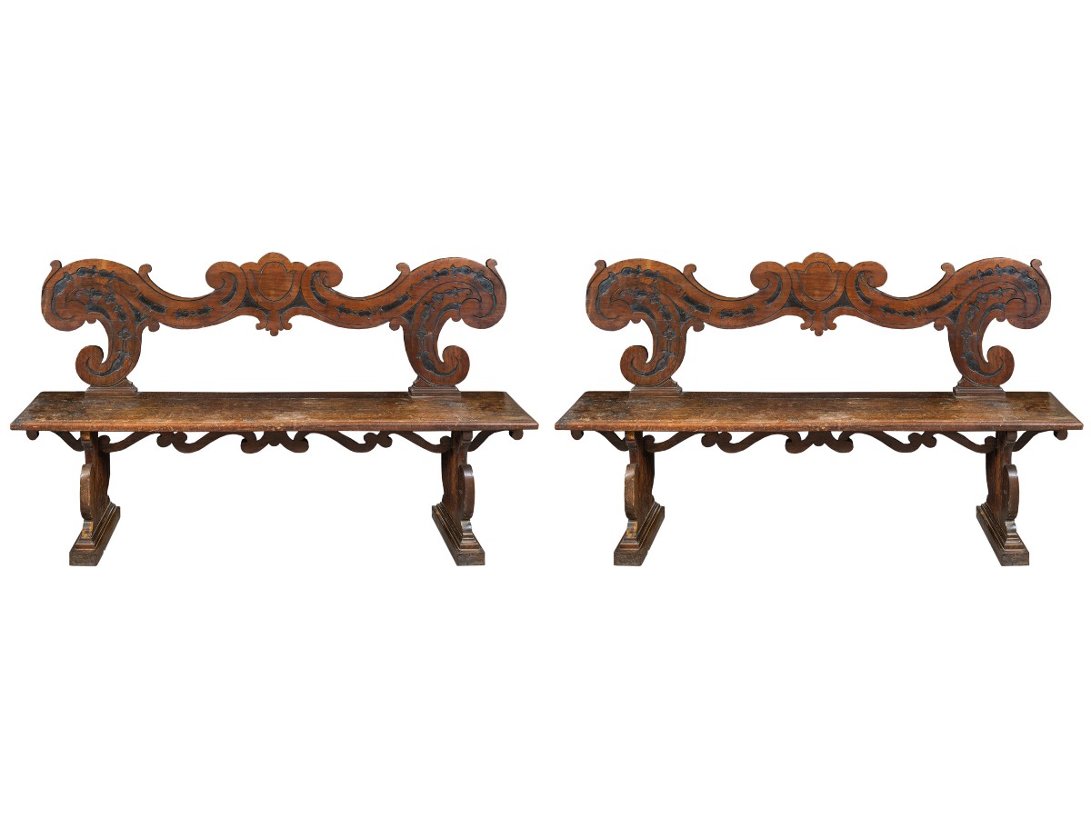Pair Of Noble Benches In Solid Carved Walnut. Northern Italy, 17th Century.