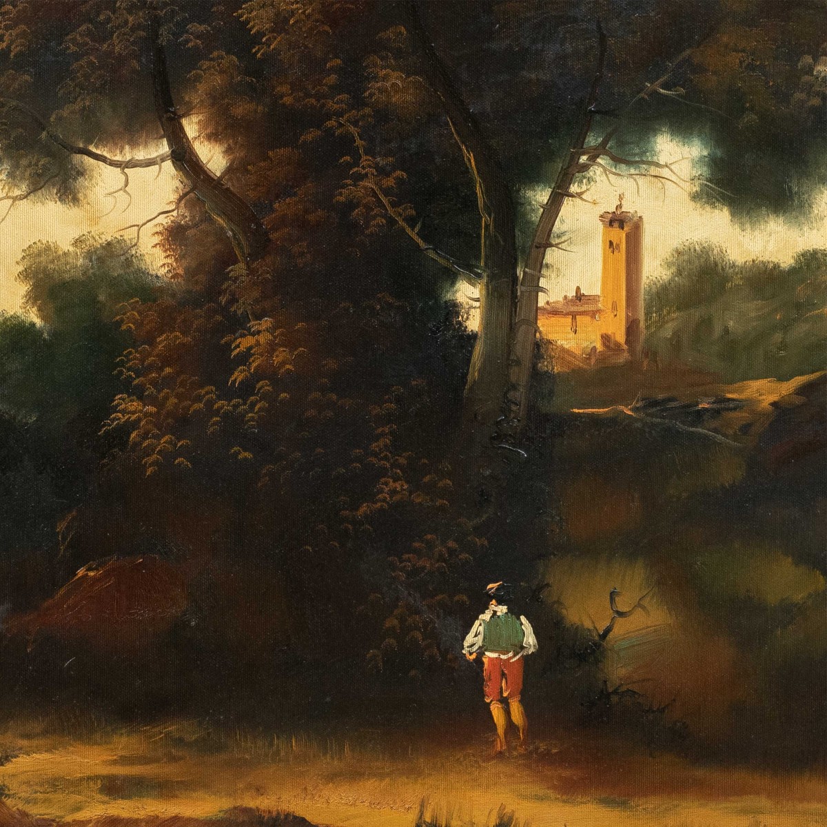 Peintre italien (XIXe-XXe siècle) - Paysage fluvial avec forêt et ville.-photo-2