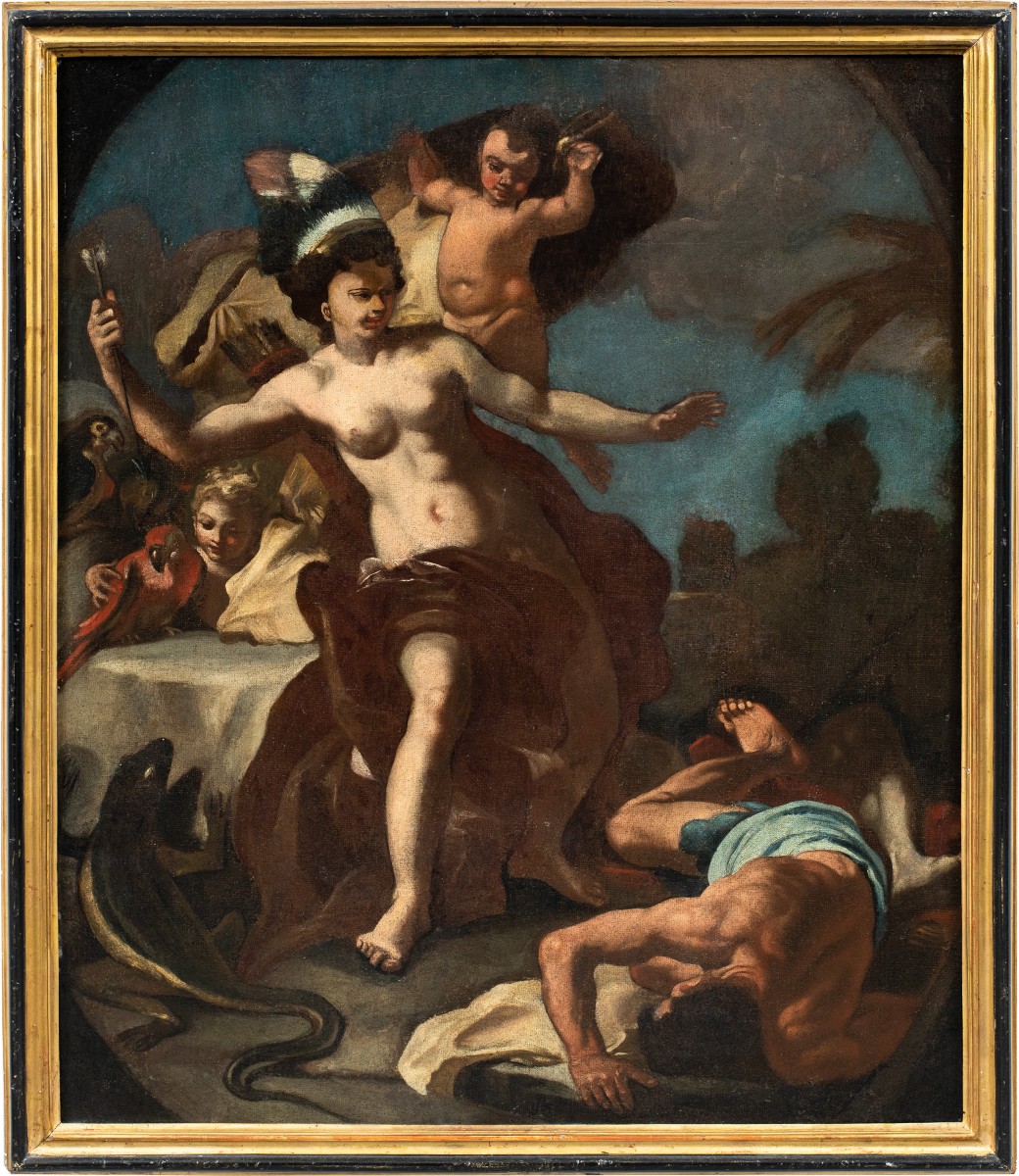 Atelier de Francesco Solimena (Canale di Serino 1657 - Barra 1747) - Allégorie de l'Amérique.