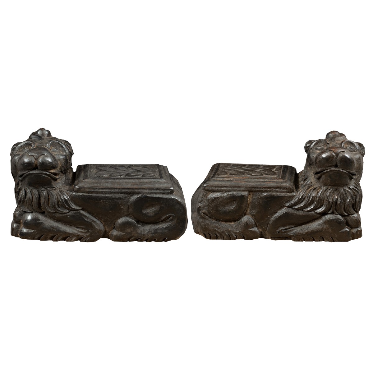 Pair Of Carved Wood Sculptures - Archaic Lions. Italy, 18th Century.-photo-2