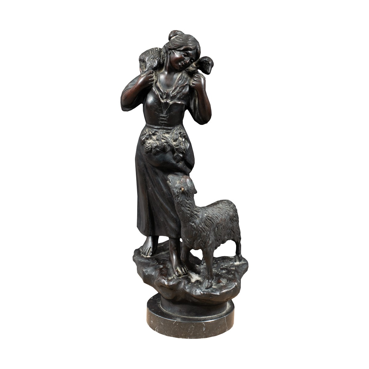 Bronze Sculpture - Shepherdess With Sheep. Italy, Late 19th Century.