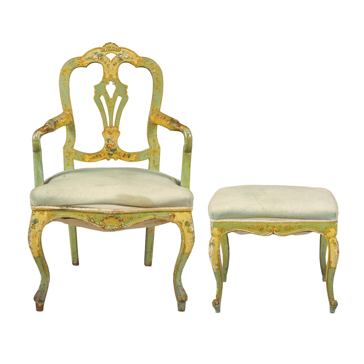 Fauteuil et tabouret en bois sculpté et laqué. Venise, XIXe-XXe siècle.-photo-2