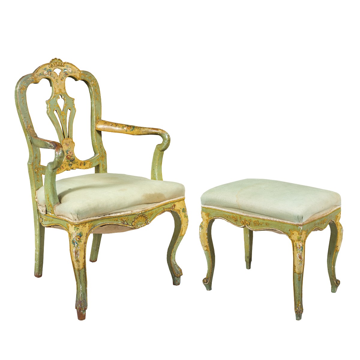 Fauteuil et tabouret en bois sculpté et laqué. Venise, XIXe-XXe siècle.