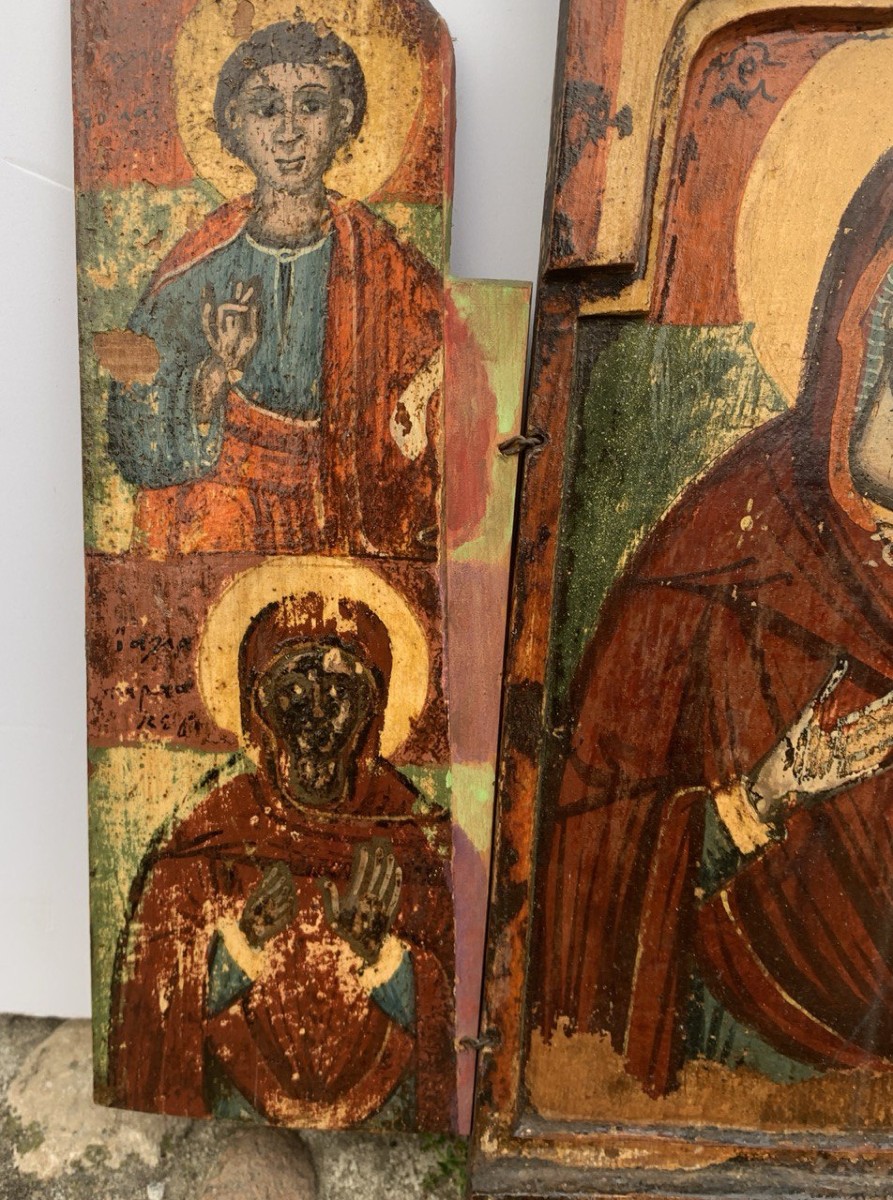 Icône de voyage orthodoxe grecque (XIXe siècle) - Vierge à l'Enfant avec quatre saints.-photo-4