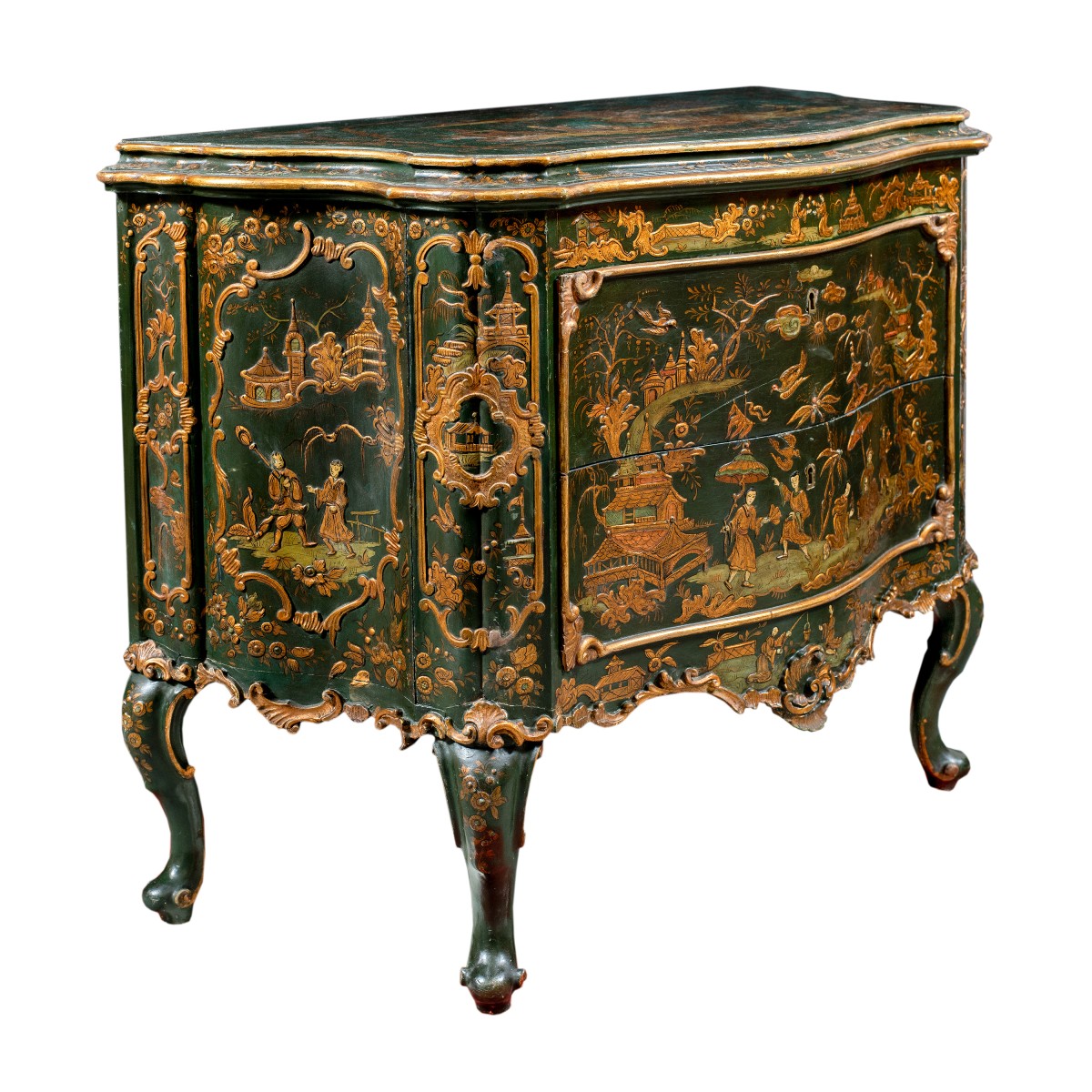 Commode en bois laqué et peint, ornée d'appliques dorées de style chinois. Venise, XIX.
