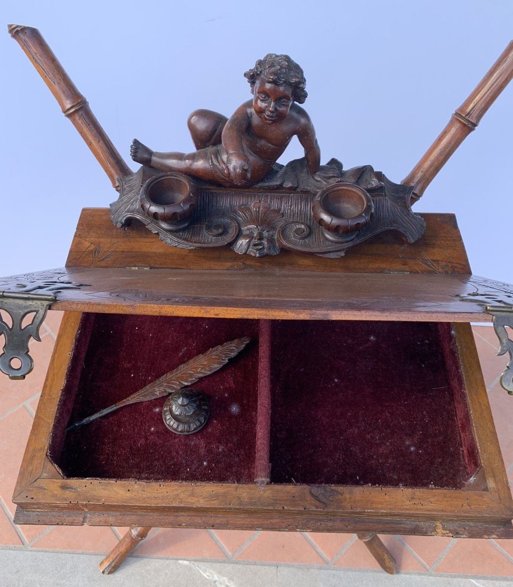 Finely Carved Wooden Writing Table - Workshop Of Valentino Panciera Besarel. Venice, XIX.-photo-1