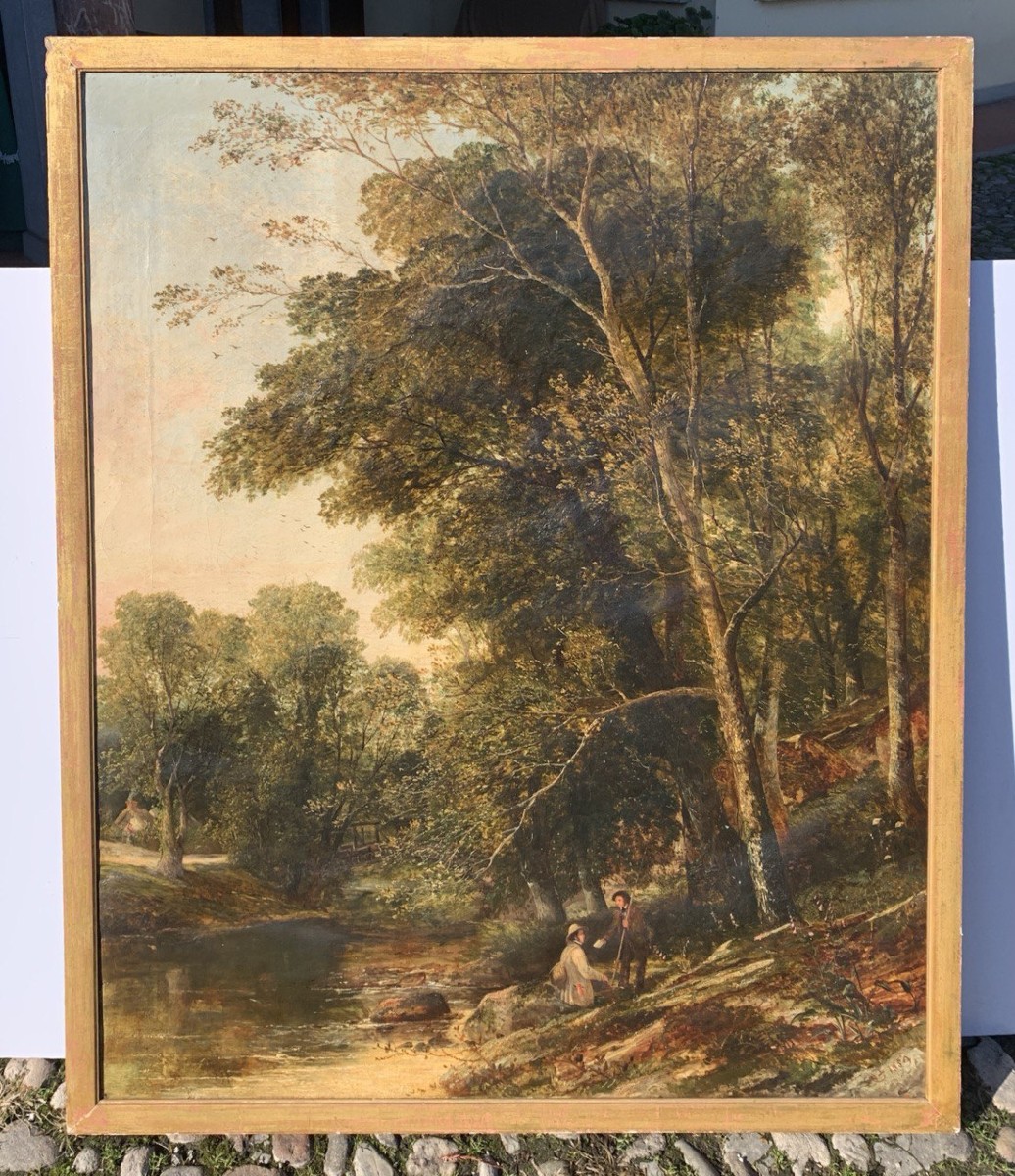 Peintre anglais (XIXe siècle) - Paysage fluvial avec un pêcheur recevant une lettre.-photo-4