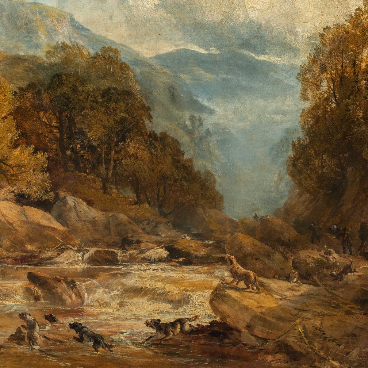 Peintre anglais (XIXe siècle) - Paysage avec chasseurs et chiens.-photo-2