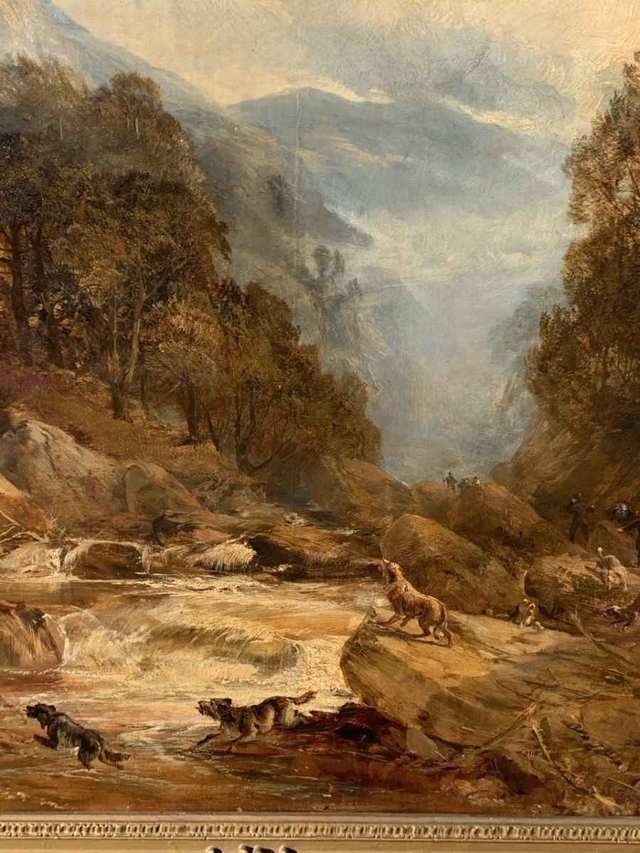 Peintre anglais (XIXe siècle) - Paysage avec chasseurs et chiens.-photo-2