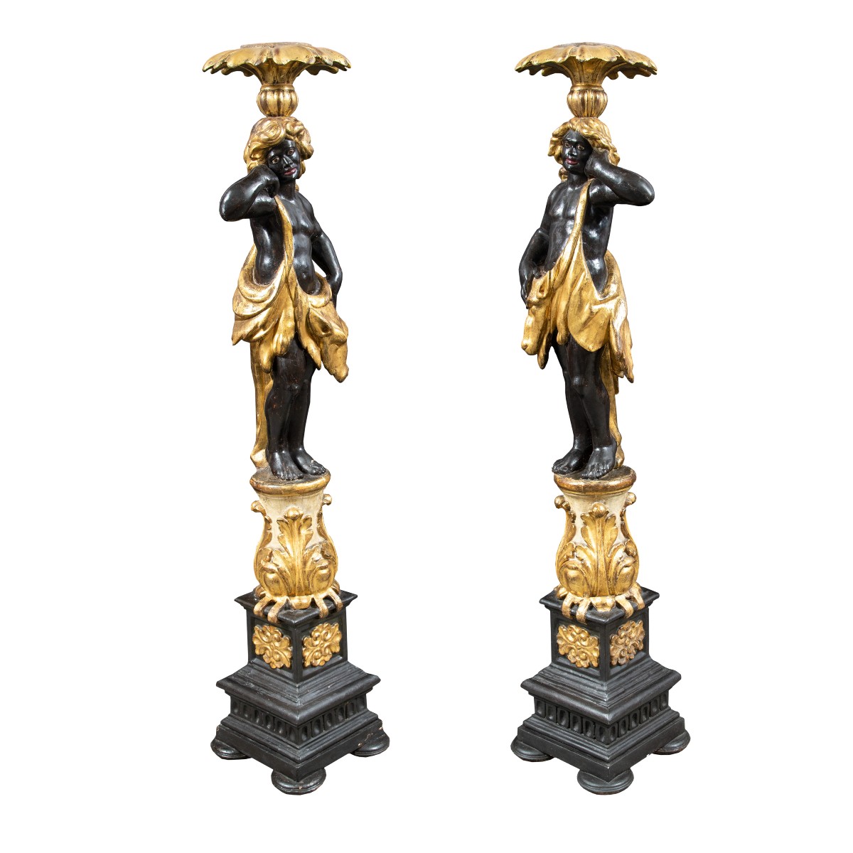 Pair Of Carved, Gilded, And Painted Wood Sculptures - Moors Holding Vases. Venice, 18th Century-photo-2