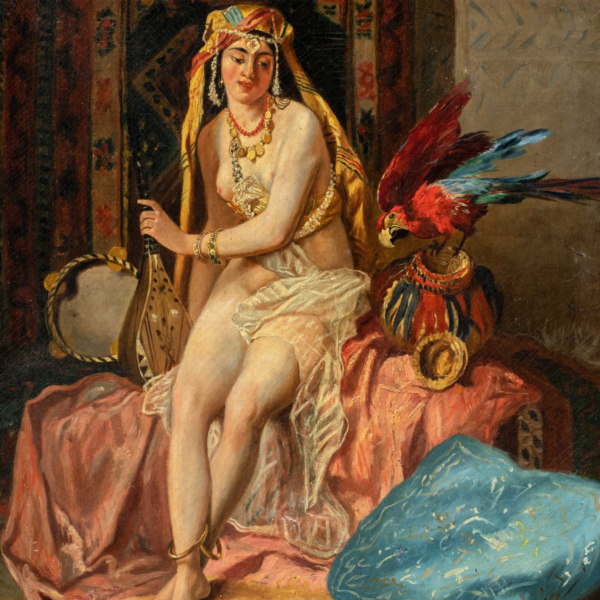 Orientalist Painter (19th Century) - Odalisque With A Parrot.-photo-2