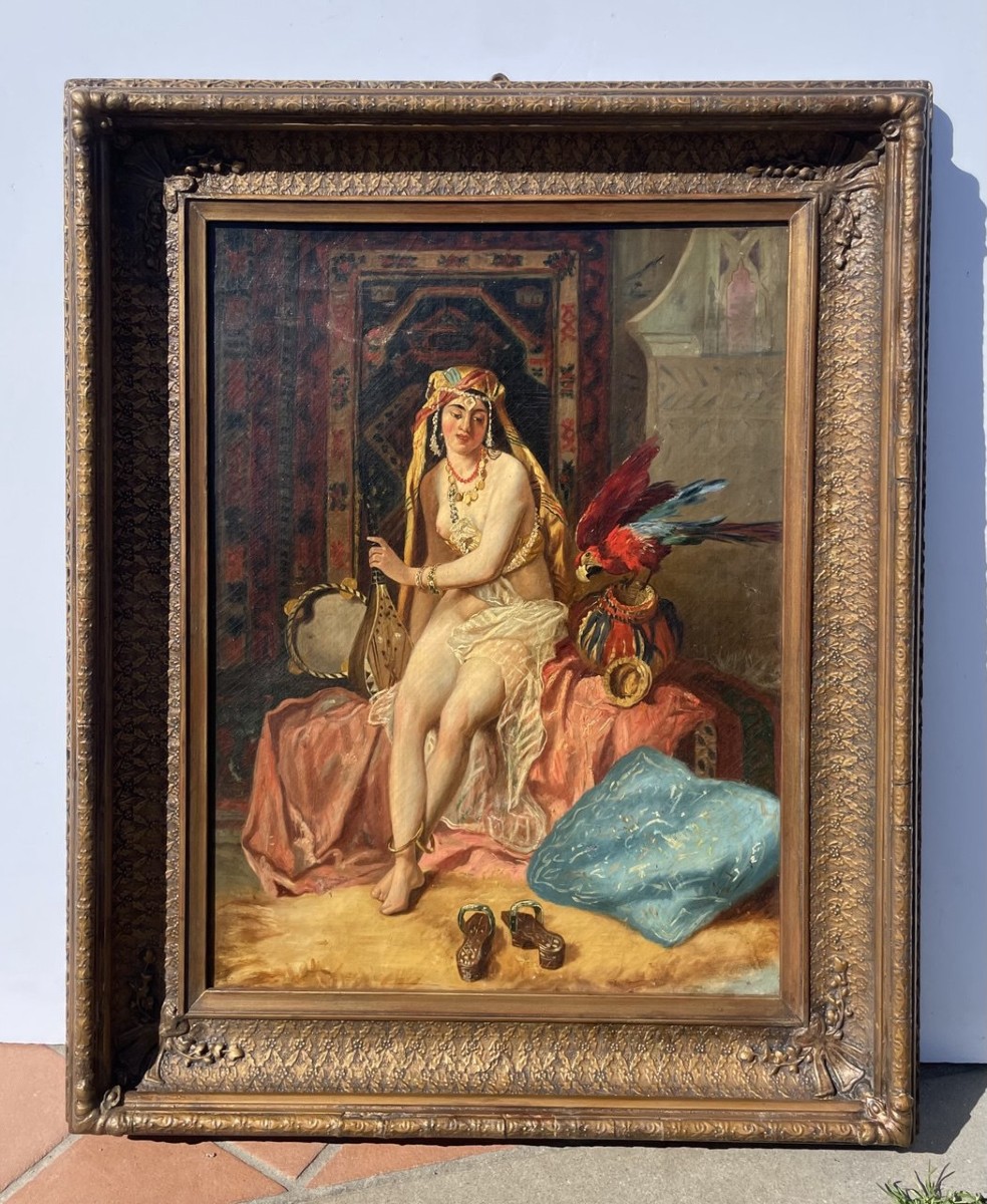 Orientalist Painter (19th Century) - Odalisque With A Parrot.-photo-4