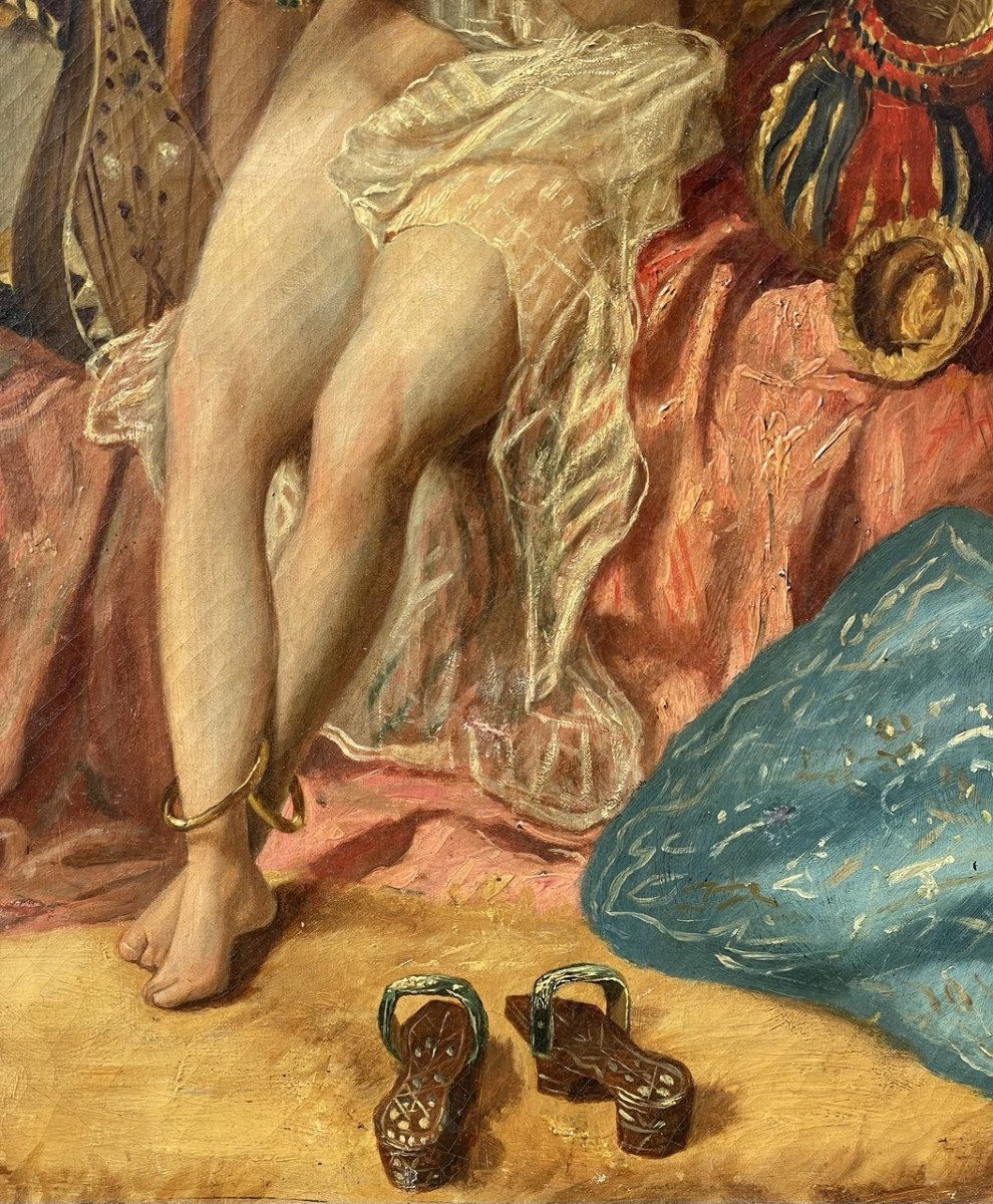 Orientalist Painter (19th Century) - Odalisque With A Parrot.-photo-2