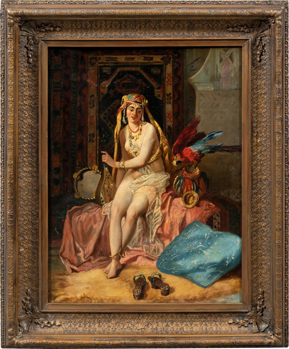 Orientalist Painter (19th Century) - Odalisque With A Parrot.