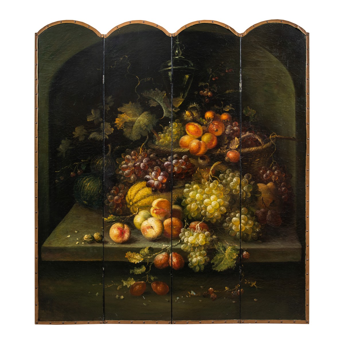 Paravent en cuir peint. Italie, XIXe siècle.