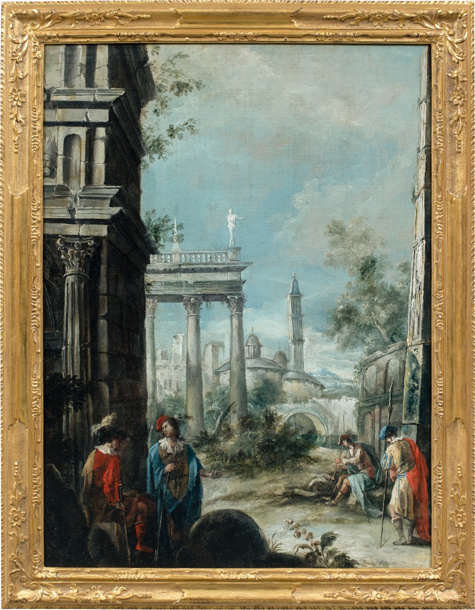 Antonio Stom (Venise 1688 - Venise 1734) - Capriccio architectural avec vue de Padoue.