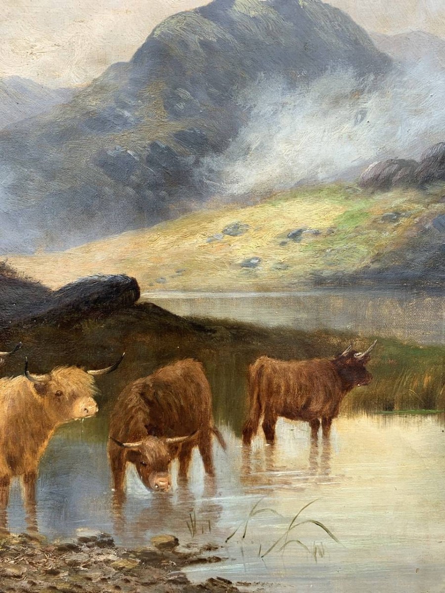 British Painter (late 19th Century) — Landscape With A Herd Of Highland Cattle By A Lake.-photo-1