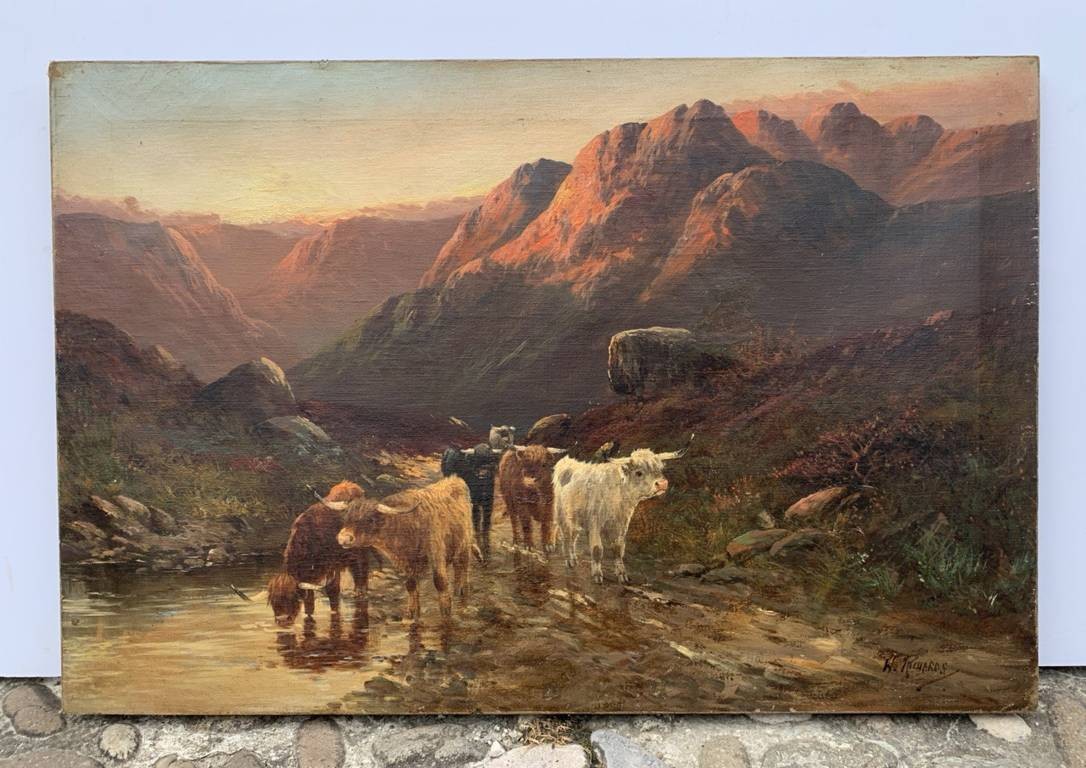 W. Richards (british, Late 19th Century) — Scottish Landscape With A Herd Of Highland Cattle.-photo-4