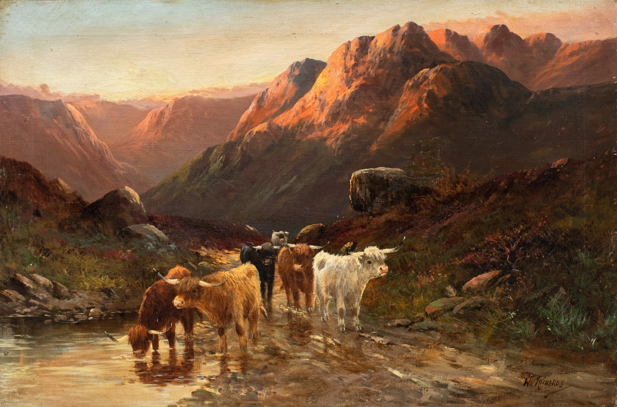 W. Richards (british, Late 19th Century) — Scottish Landscape With A Herd Of Highland Cattle.