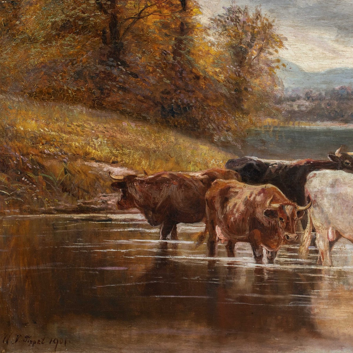 William Vivian Tippett (Britannique, 1833-1910) — Paysage avec bétail traversant un gué.-photo-2