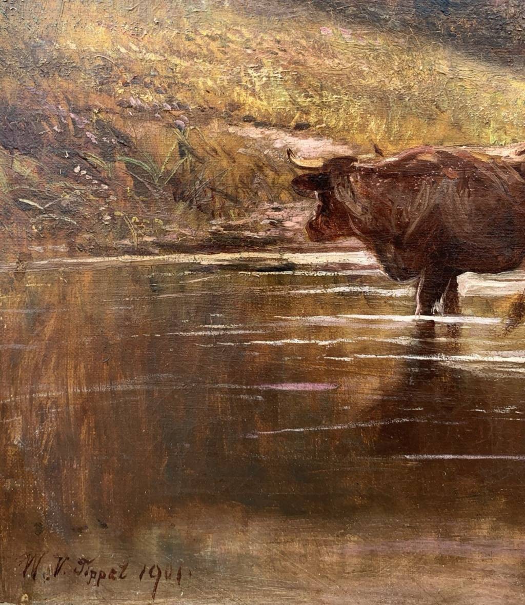 William Vivian Tippett (Britannique, 1833-1910) — Paysage avec bétail traversant un gué.-photo-2