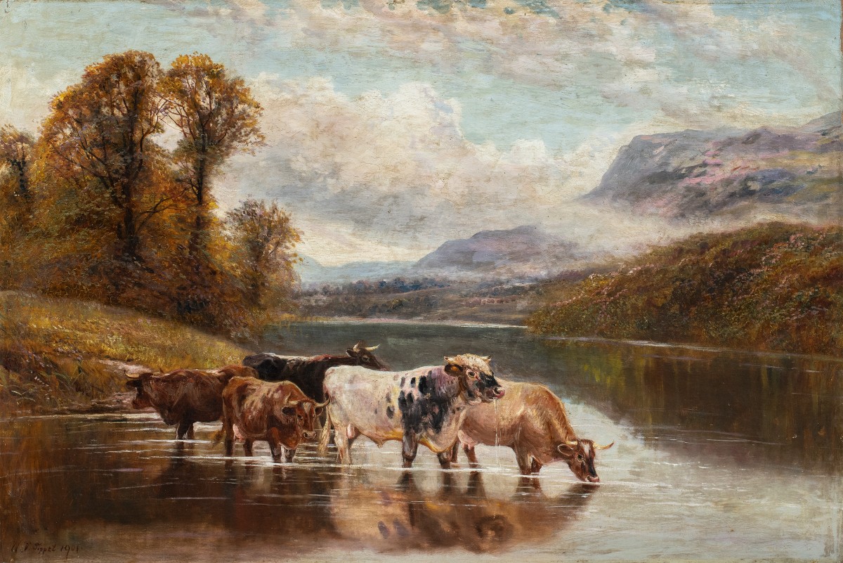 William Vivian Tippett (Britannique, 1833-1910) — Paysage avec bétail traversant un gué.