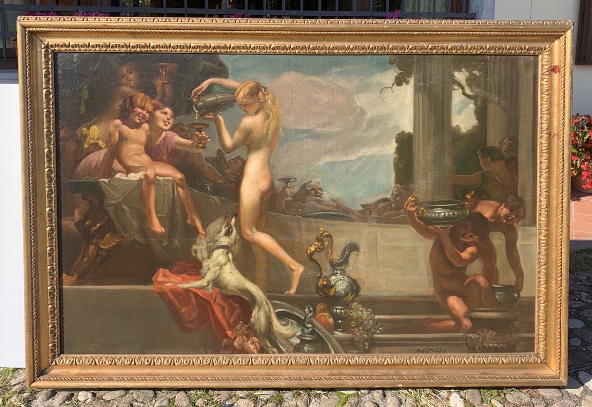 Mattia Traverso (Gênes 1885 - Gênes 1956) - Grande scène de banquet avec chérubins et nymphes.-photo-1