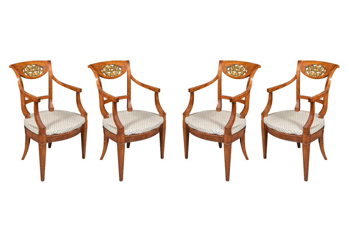 Set Of Four Carved Wood Armchairs. Italy, Mid-19th Century.