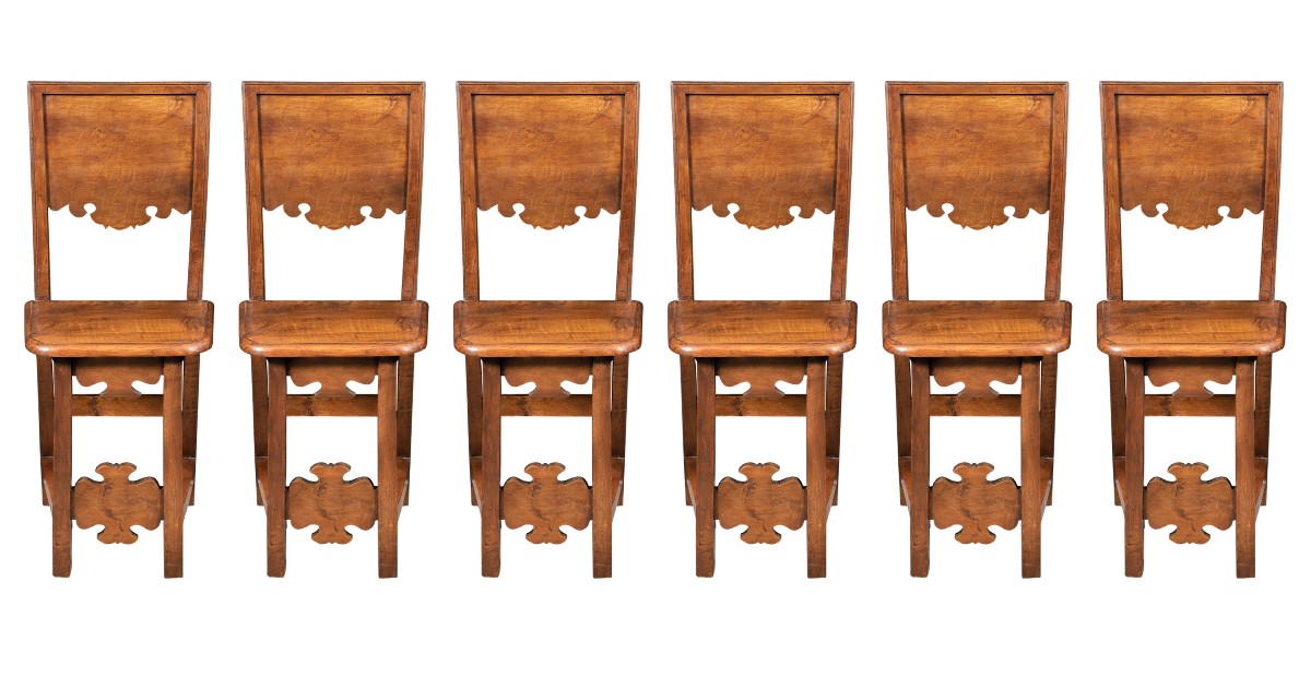 Six Solid Walnut Refectory Chairs. Friuli, 17th Century.-photo-2