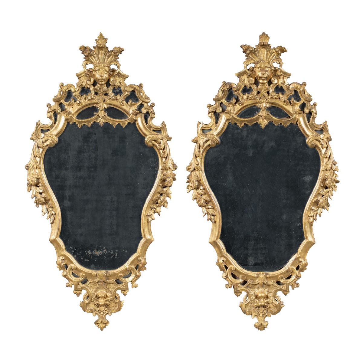 Pair Of Carved And Gilded Wood Mirrors. Italy, 18th Century.
