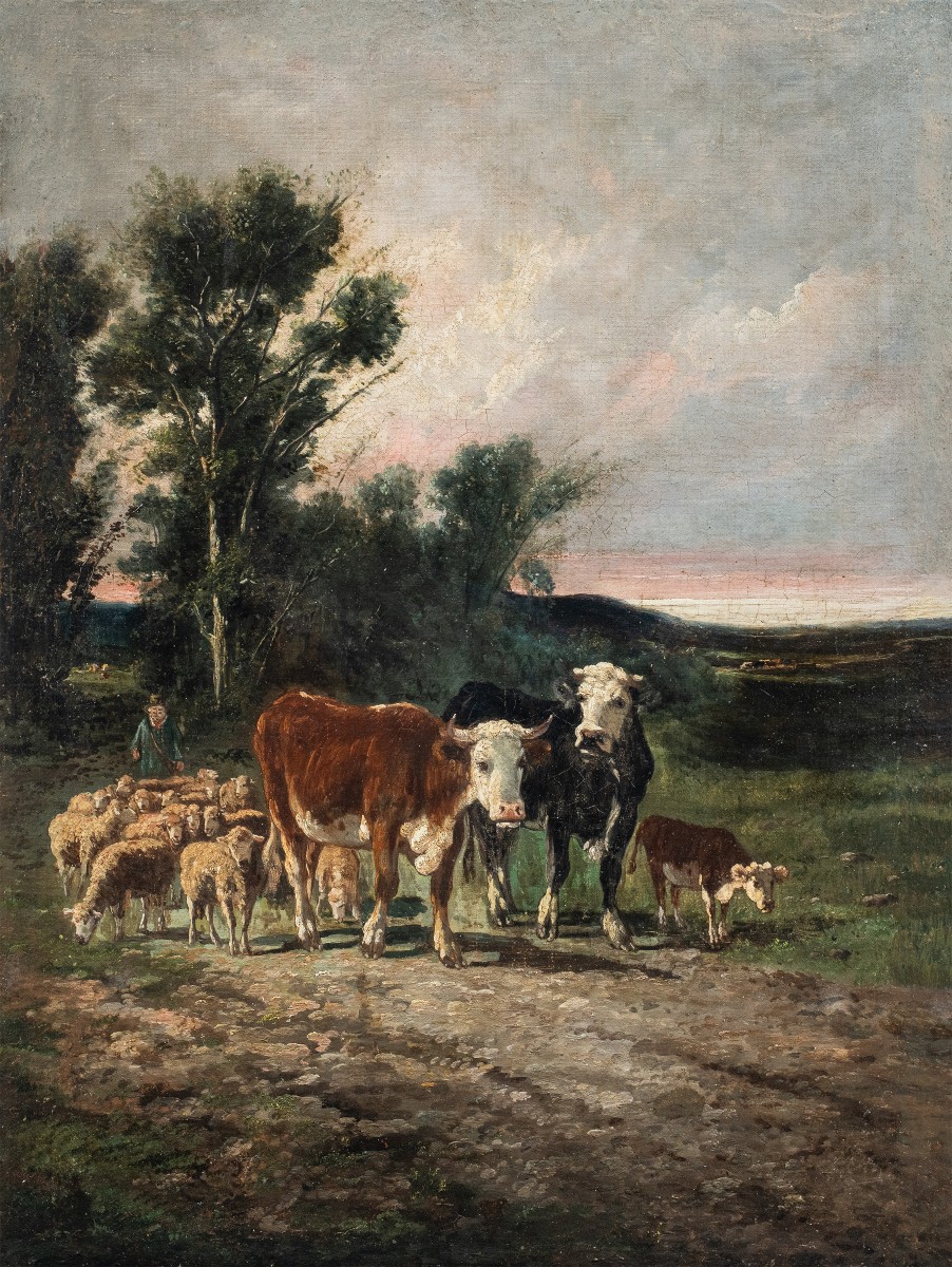 Peintre européen (XIXe siècle) - Paysage avec bétail et troupeau au crépuscule.