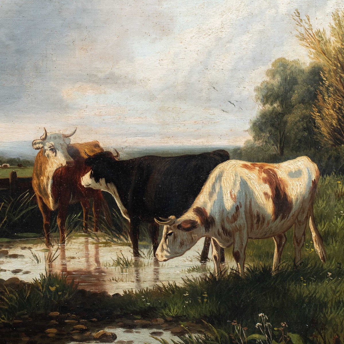 European Painter (19th Century) - Landscape With Cattle At The Ford.-photo-2