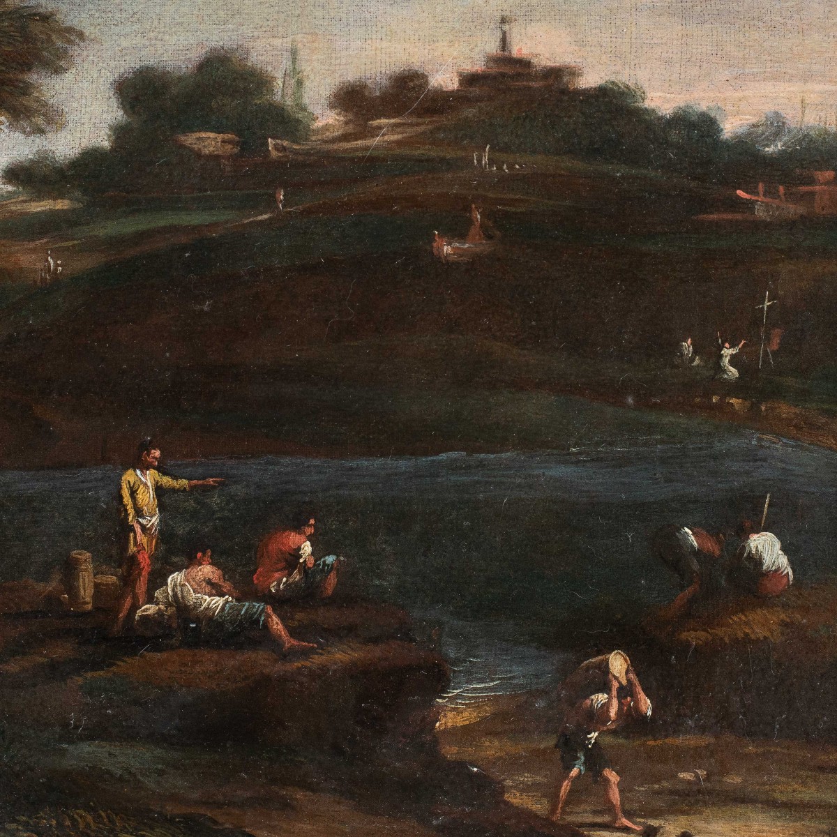 Peintre vénitien (XVIIIe siècle) - Paysage fluvial avec personnages.-photo-2