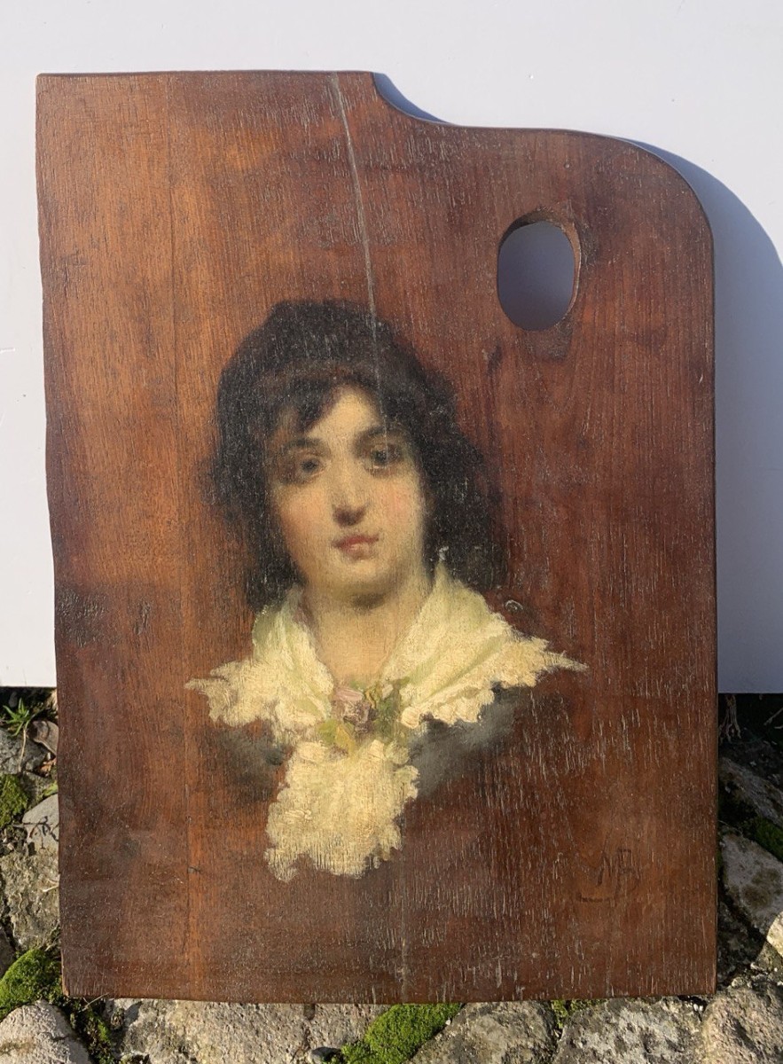 Attribué à Mosè Bianchi (Monza 1840-Monza 1904) - Palette de peintre avec portrait d'une jeune.-photo-4