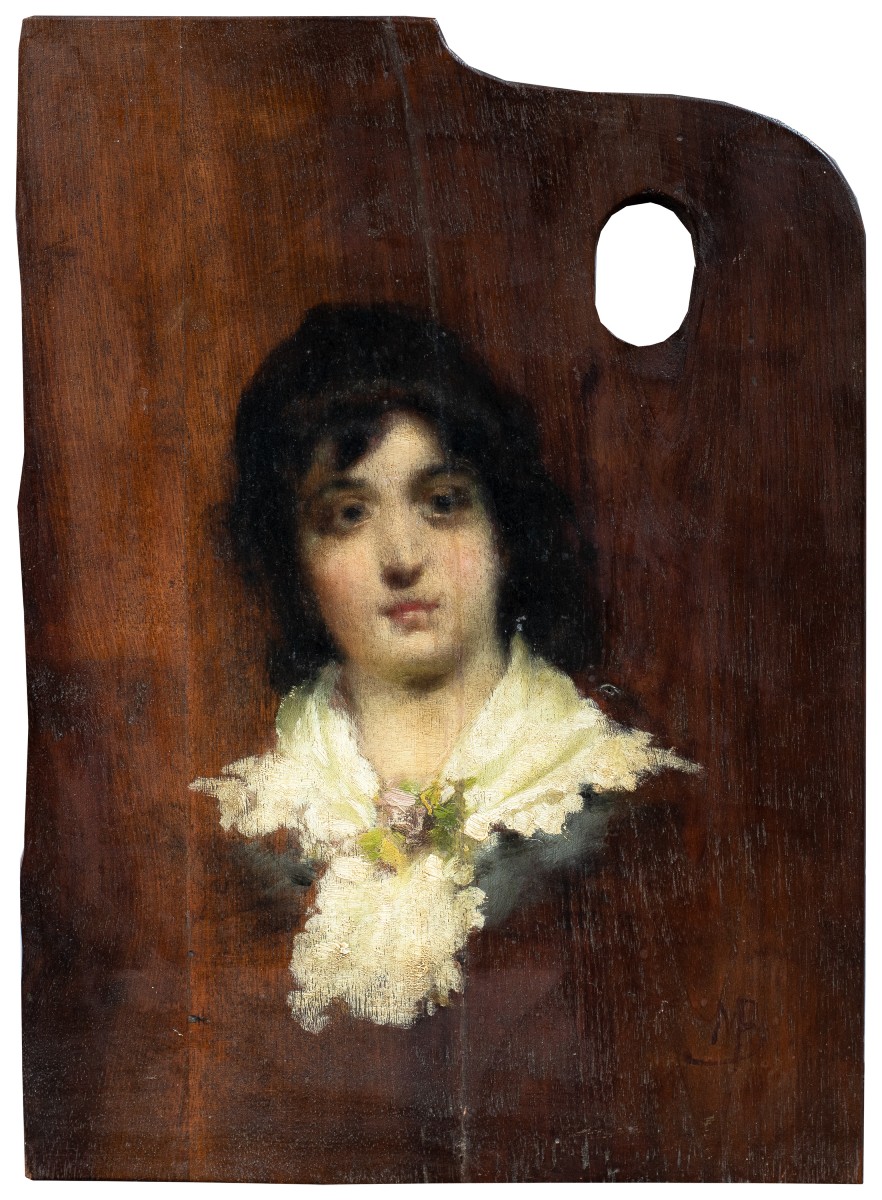 Attribué à Mosè Bianchi (Monza 1840-Monza 1904) - Palette de peintre avec portrait d'une jeune.
