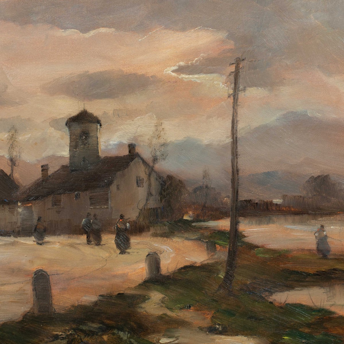 Vittorio Antonio Cargnel (Venise 1872 - Milan 1931) - Paysage avec village et personnages.-photo-2