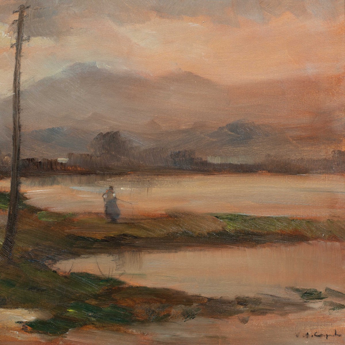 Vittorio Antonio Cargnel (Venise 1872 - Milan 1931) - Paysage avec village et personnages.-photo-3